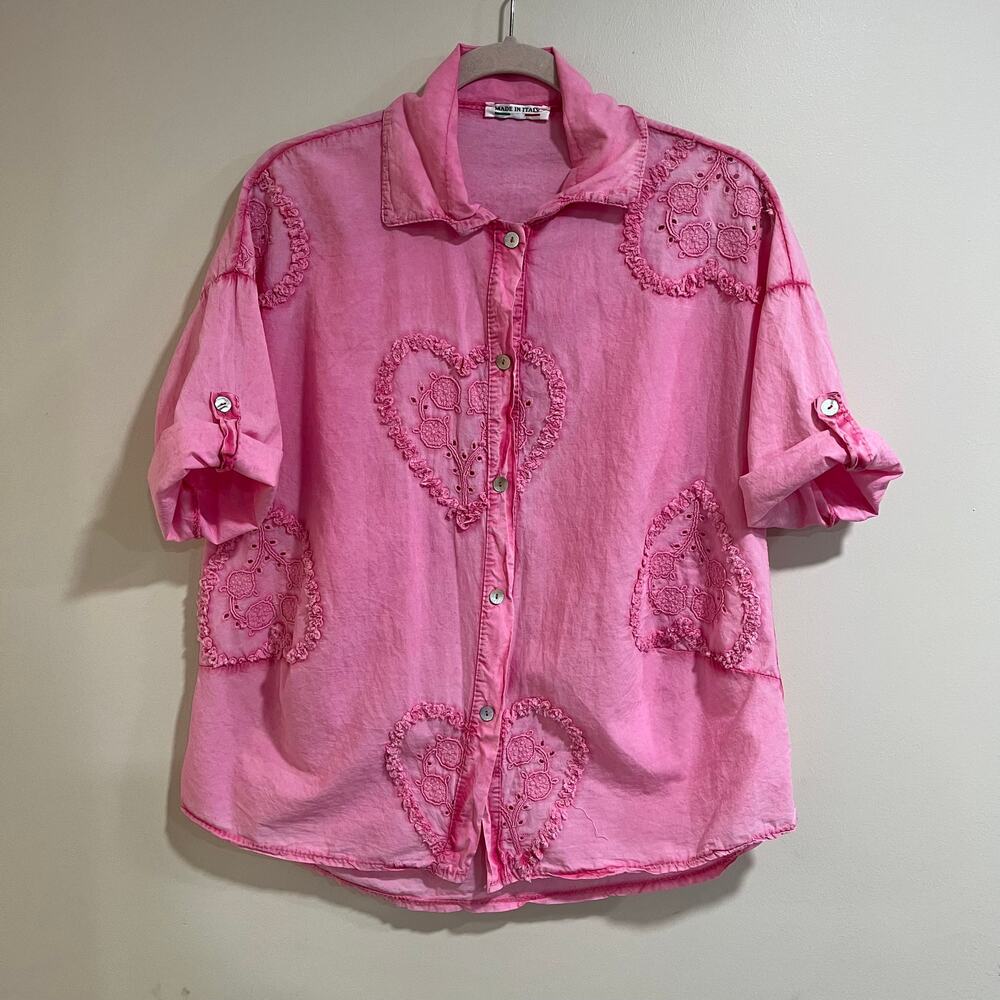 Pink Embroidered Heart Button-Up Blouse